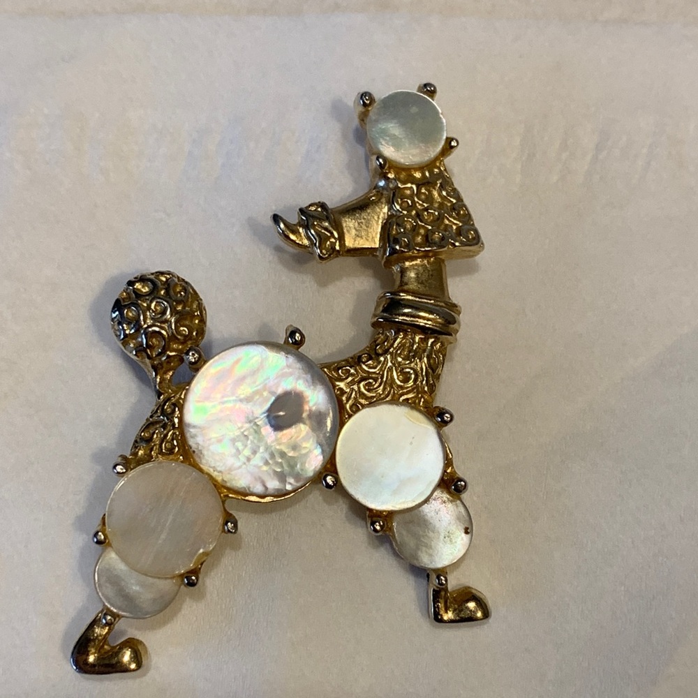 Marcel Boucher Inspired c1950's Mother of Pearl Disc Poodle Dog Brooch